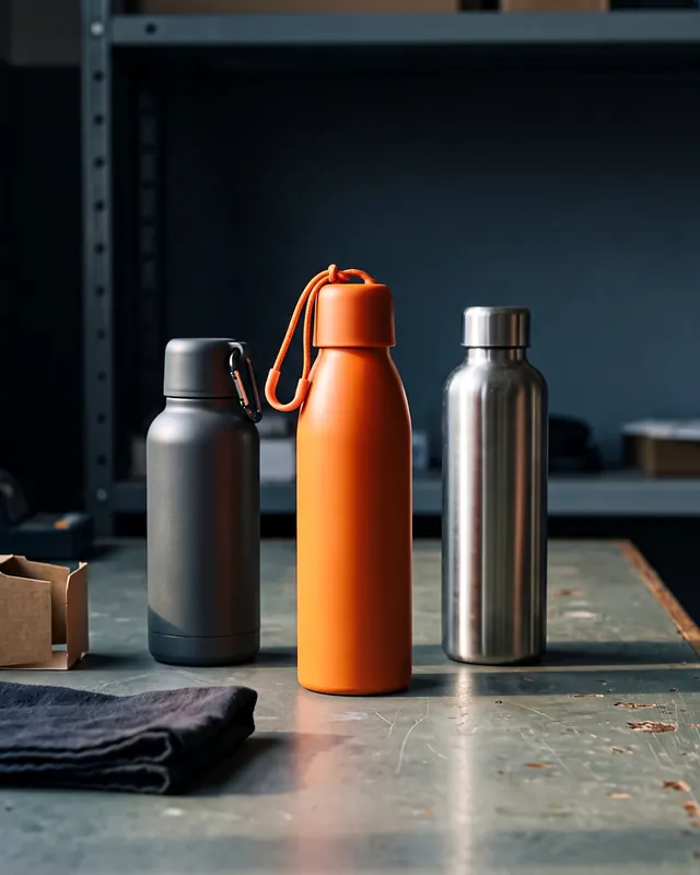 Tr&ecirc;s garrafas diferentes paradas em fila numa bancada de trabalho gasta, em luz de janela do fim da tarde: uma laranja fosca afunilada um passo &agrave; frente das outras duas &mdash; uma grafite baixa e larga e uma inox escovada. Da tampa da laranja pende o la&ccedil;o de cord&atilde;o laranja com o mosquet&atilde;o na ponta, ca&iacute;do para o lado da grafite. No canto, uma caixa de papel&atilde;o aberta e um pano escuro dobrado; ao fundo, desfocada, uma estante de a&ccedil;o.