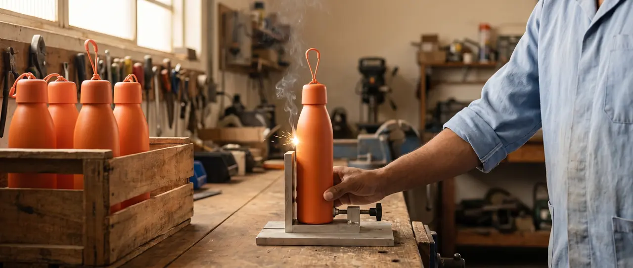 Bancada de oficina: uma garrafa térmica laranja fosca presa em um gabarito de metal, recebendo marcação — um ponto de luz acende no corpo da peça e um fio de fumaça sobe. À direita, o antebraço de quem opera firma o gabarito. À esquerda, um caixote de madeira com garrafas iguais esperando a vez.