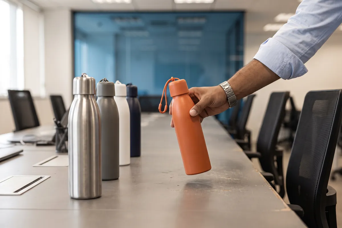 Bancada de escrit&oacute;rio: seis garrafas de p&eacute;, alinhadas em fila. S&oacute; uma &eacute; laranja fosca; as outras s&atilde;o de inox escovado, grafite, branco fosco e azul-escuro. Um antebra&ccedil;o de camisa social azul-clara, com rel&oacute;gio de a&ccedil;o, entra pela direita e levanta a laranja alguns cent&iacute;metros acima da fila. Ao fundo, desfocadas, fileiras de mesas, cadeiras de tela preta e a divis&oacute;ria de vidro.