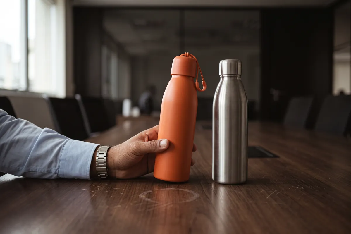 Close na mesa de nogueira, riscada e com a marca de um copo. Duas garrafas lado a lado, a um palmo uma da outra: a laranja fosca e uma de inox escovado, sem pintura. Uma m&atilde;o de camisa social azul-clara est&aacute; apoiada na mesa e inclina a laranja em dire&ccedil;&atilde;o &agrave; c&acirc;mera, com as pontas dos dedos no ombro da pe&ccedil;a &mdash; a &aacute;rea lisa onde a marca entraria pega a luz da janela e est&aacute; em branco. O quadro corta nos antebra&ccedil;os.