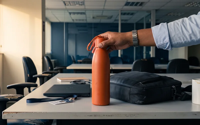 Mão de camisa social azul-clara, com relógio de aço, segurando pela tampa uma garrafa térmica laranja fosca que está sobre a mesa ao lado da própria mochila de notebook, no fim do expediente. Sobre a bancada, um notebook fechado, um caderno, um cabo enrolado e um crachá de cordão azul virado para baixo. Ao fundo, desfocadas, fileiras de mesas e a divisória de vidro de uma sala de reunião.